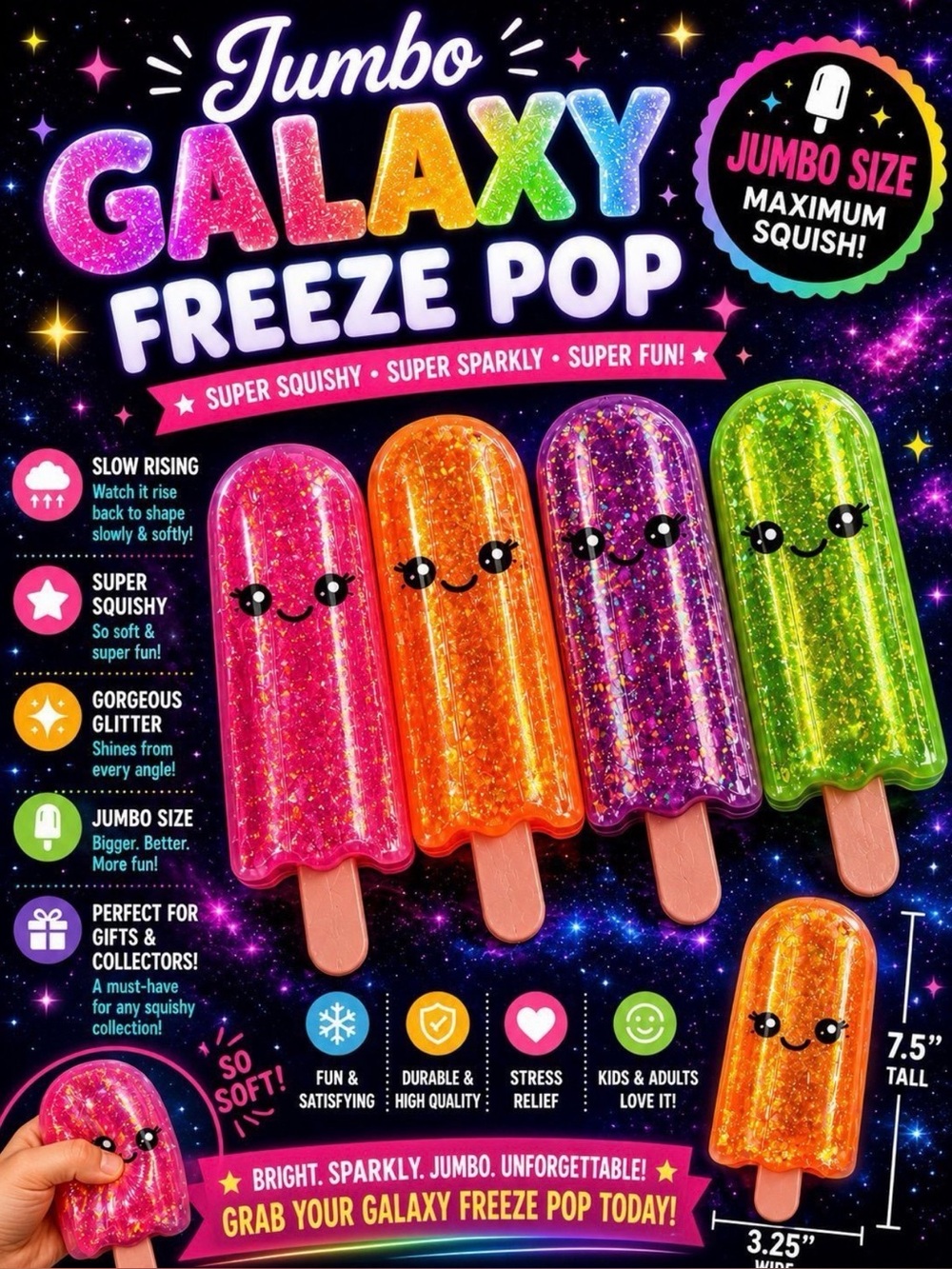 Galaxy Freeze Pop Jumbo Squishy Toy - Glitter Orange